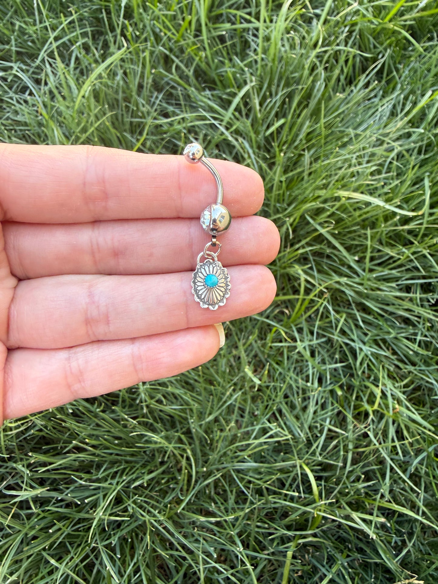 Sterling Silver Concho with Kingman Turquoise Belly Ring -Made to order-