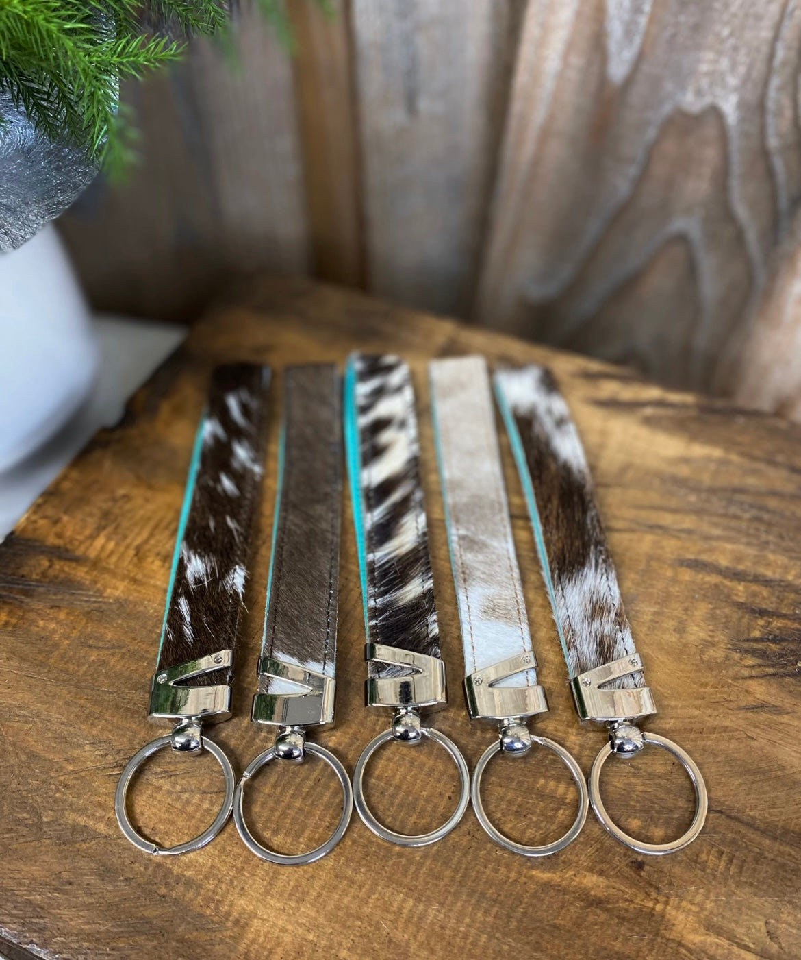 Teal & Cowhide Leather Keychain