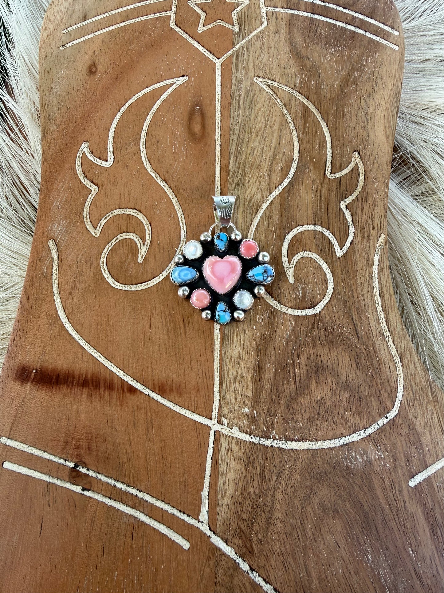 Pink conch, Mother of Pearl, Golden Hills Turquoise Pendant