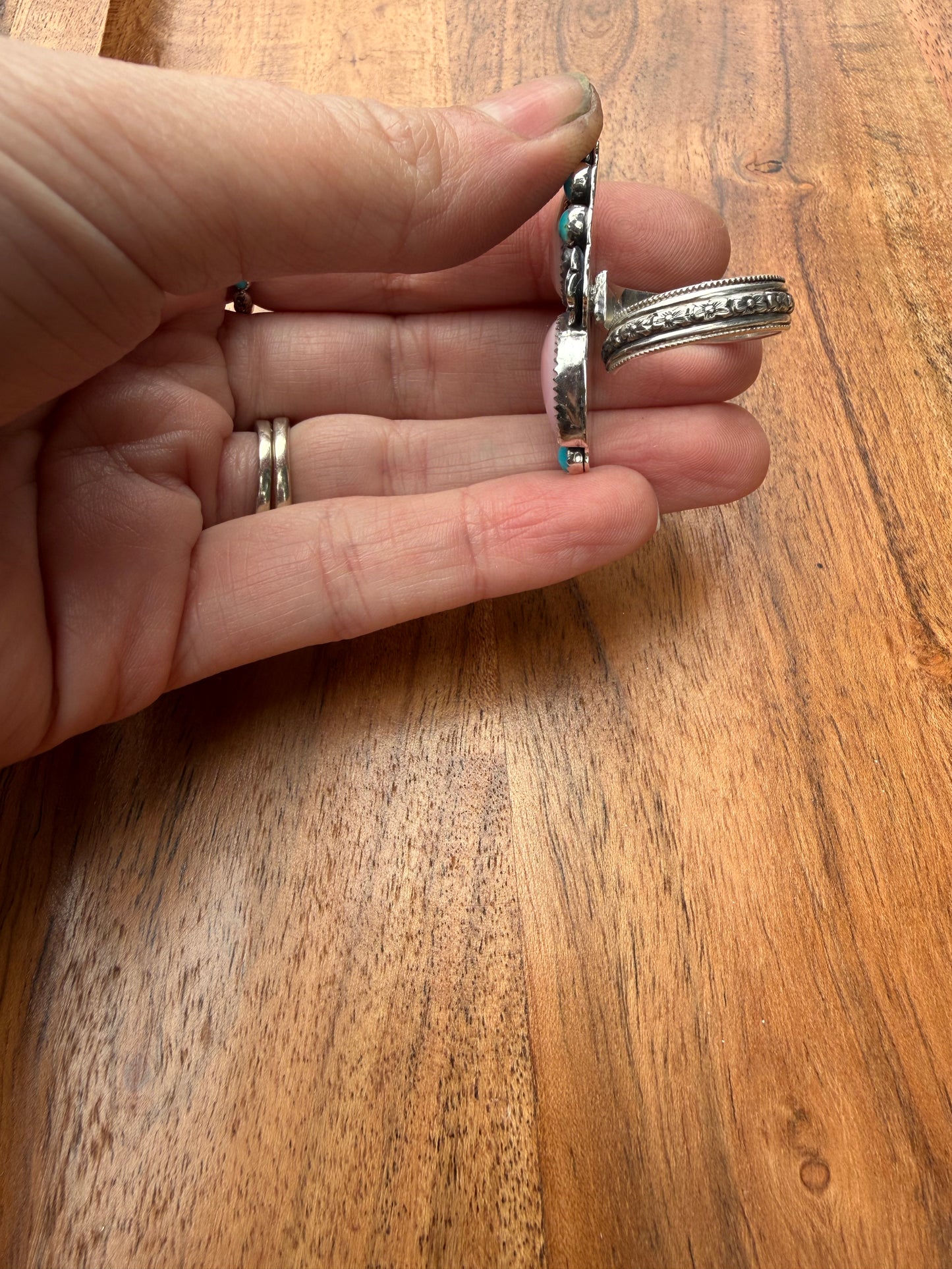 Pink Conch & Kingman Turquoise Adjustable Ring