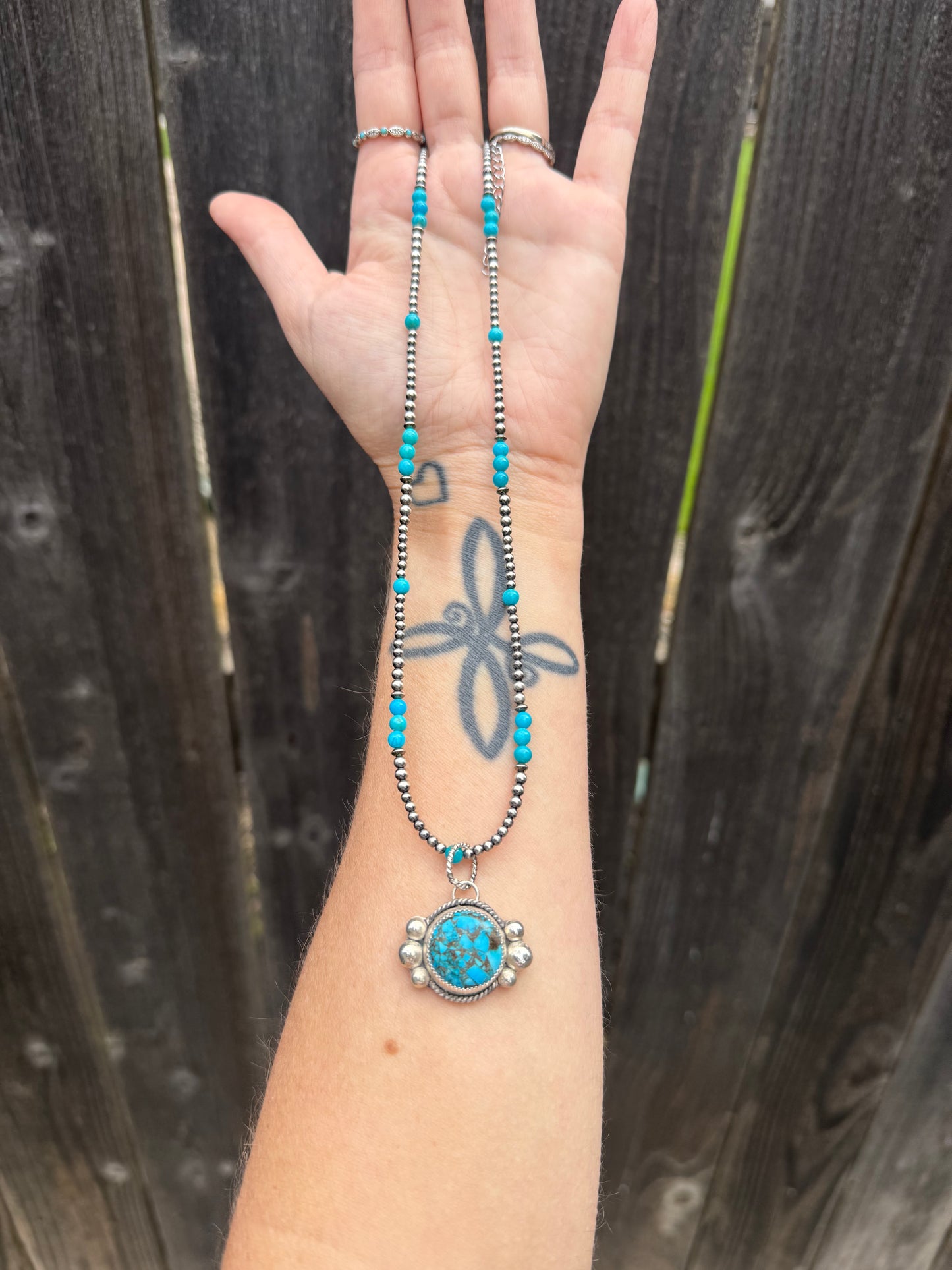 Compressed Kingman Turquoise & Sterling Silver Pendant with Kingman Turquoise and Sterling Silver Necklace