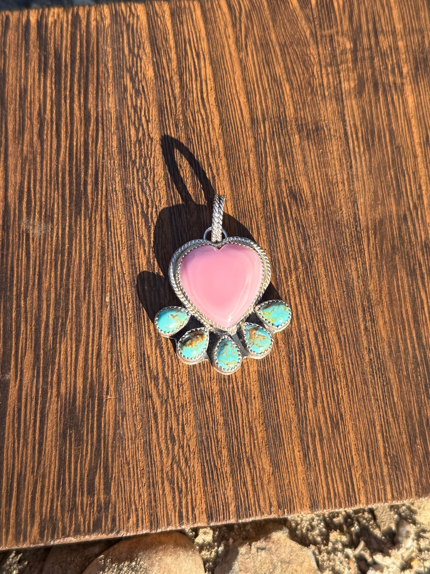 Pink Conch & Kingman Turquoise Heart Pendant