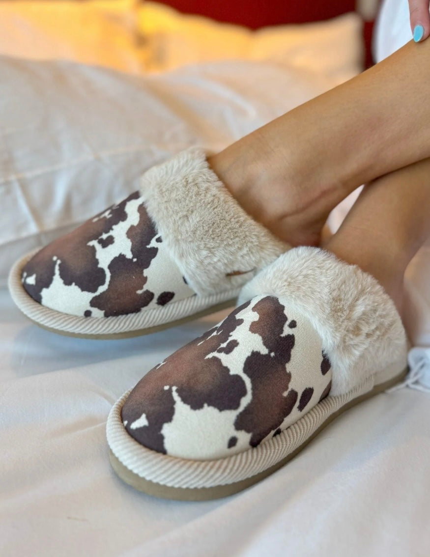 Cow Print Fur Slippers