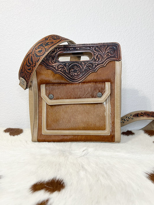 Trinity Ranch Hair-On Cowhide Floral Tooled Concealed Carry Crossbody Bag