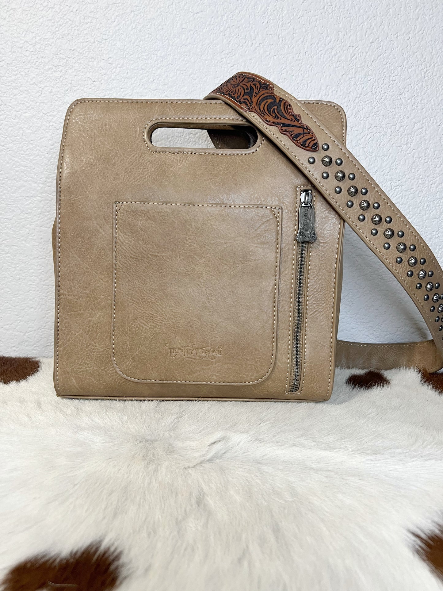 Trinity Ranch Hair-On Cowhide Floral Tooled Concealed Carry Crossbody Bag