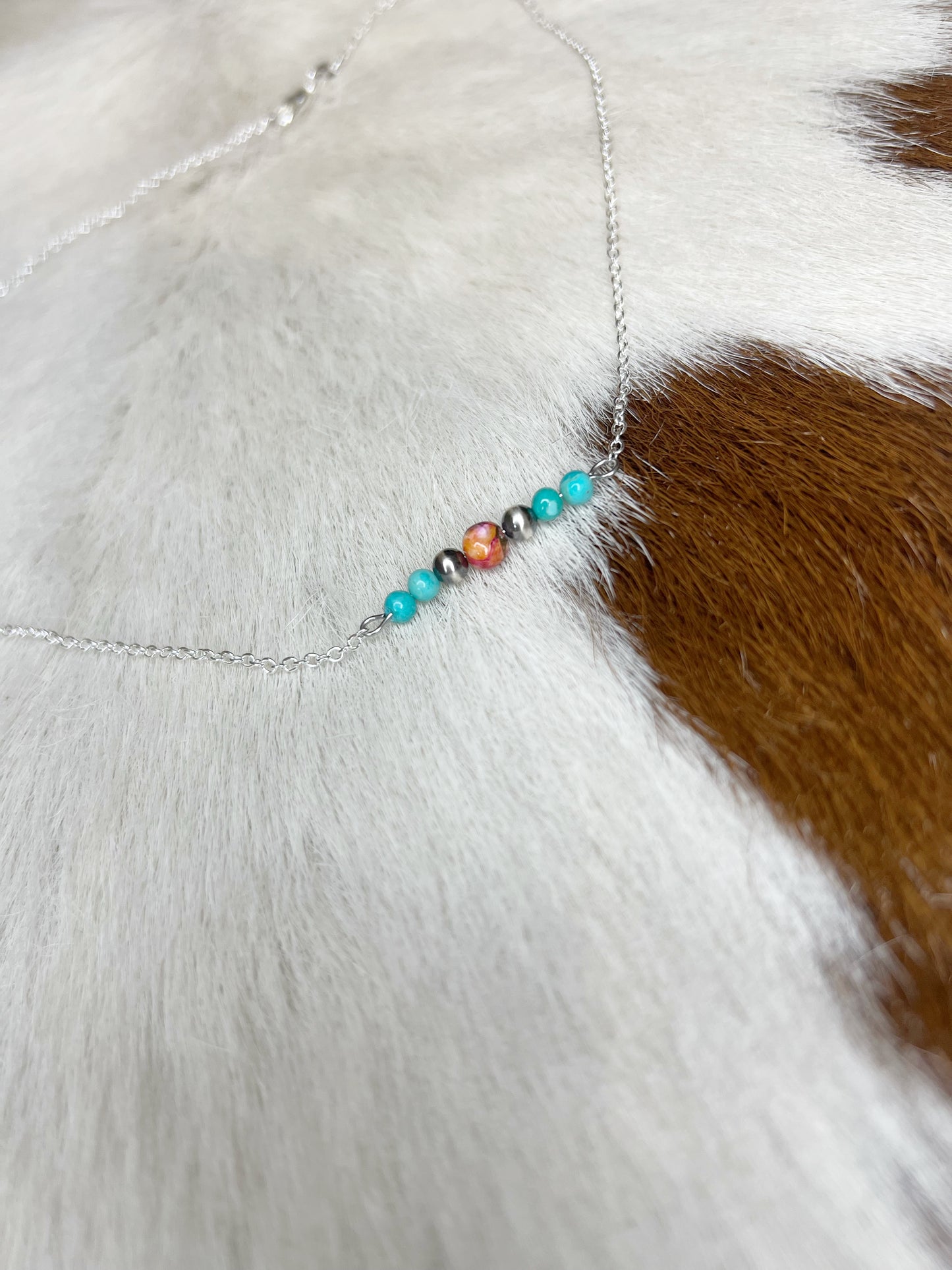 Kingman Turquoise, Orange Dahlia, and Sterling Silver Pearl Bar Necklace