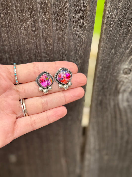 Pink Dahlia and Sterling Silver Earrings
