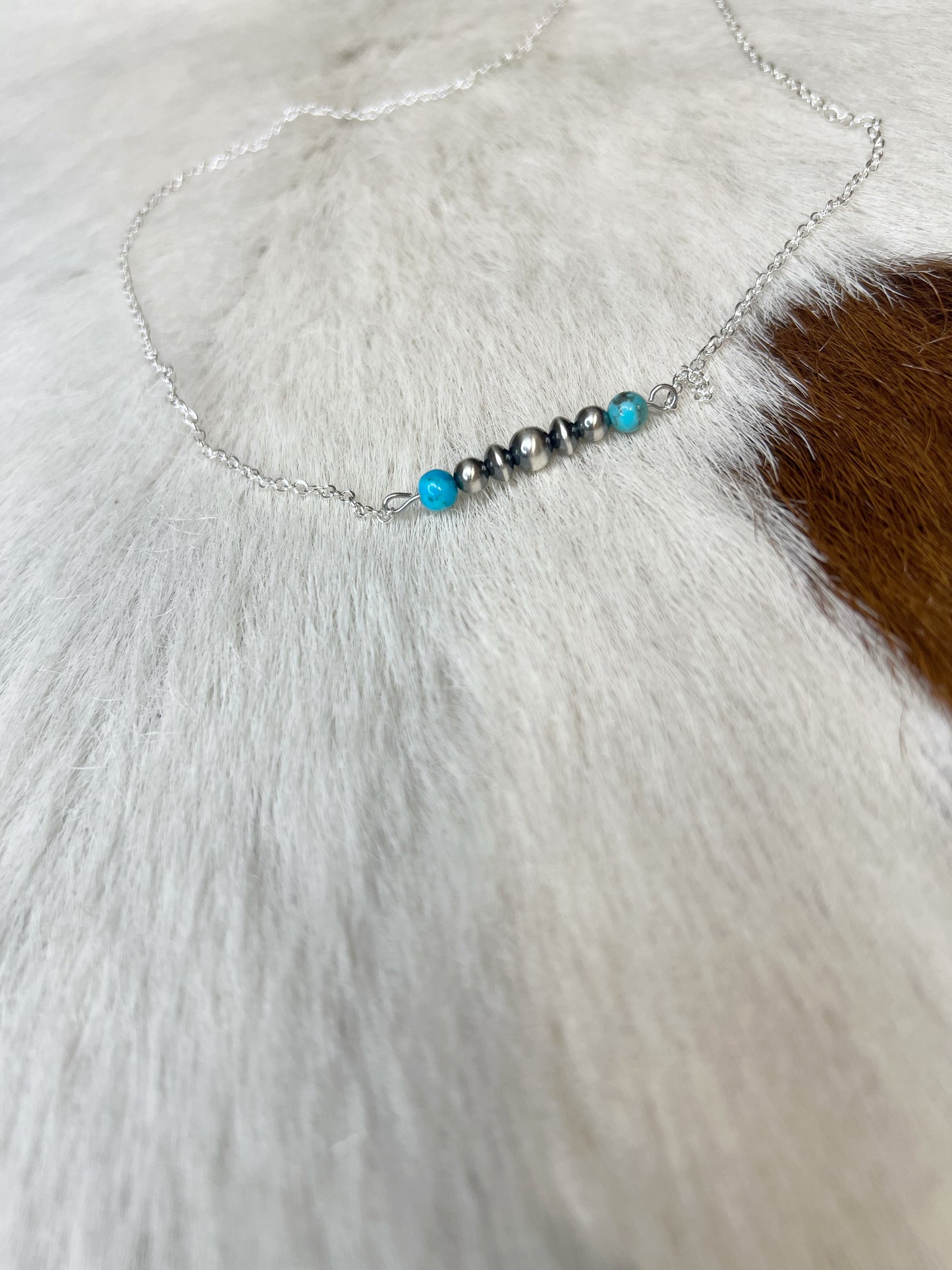 Kingman Turquoise and Sterling Silver Pearl Bar Necklace