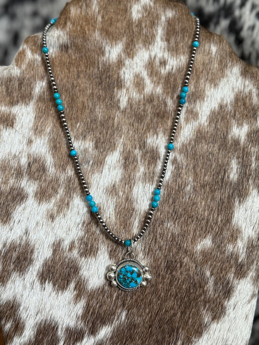 Compressed Kingman Turquoise & Sterling Silver Pendant with Kingman Turquoise and Sterling Silver Necklace