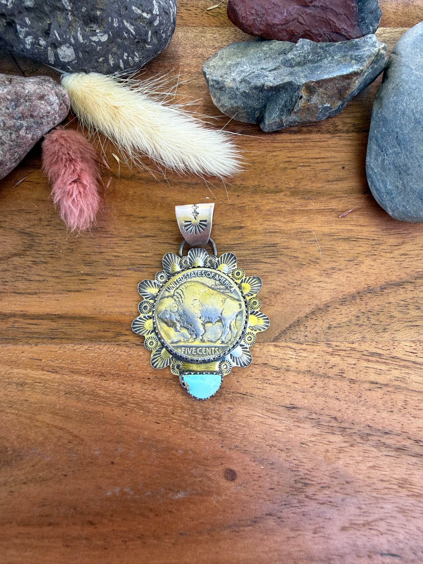 Stamped Happy Turquoise Buffalo Coin Pendant