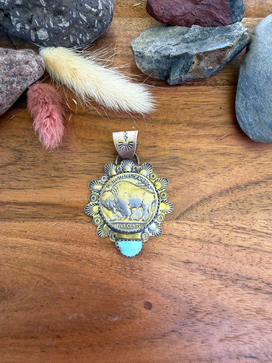Stamped Happy Turquoise Buffalo Coin Pendant