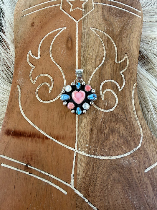 Pink conch, Mother of Pearl, Golden Hills Turquoise Pendant