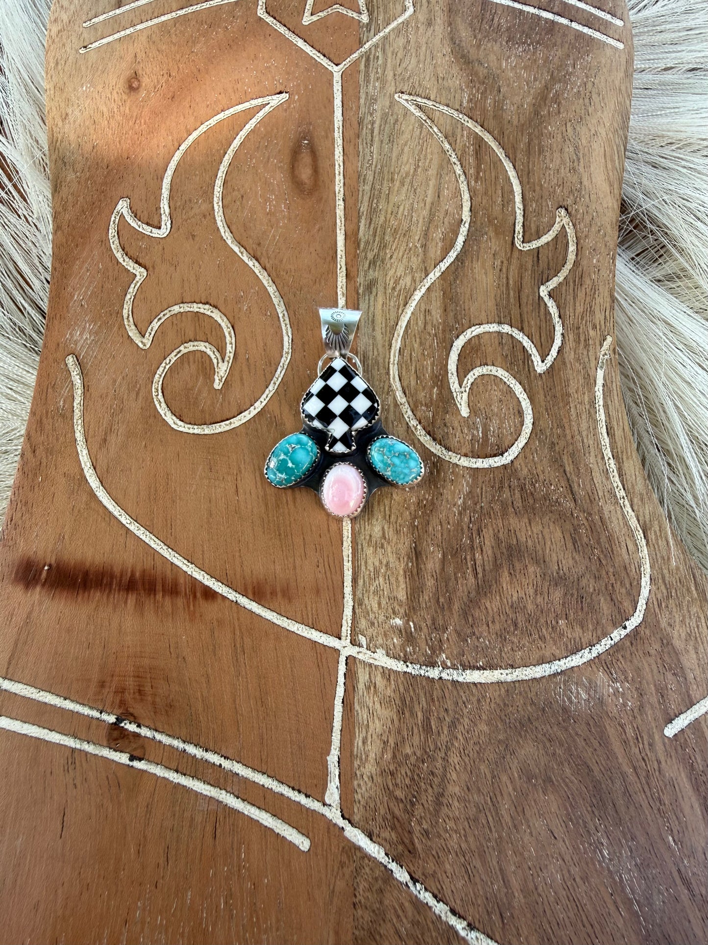 Checkered Spade with White Water Turquoise and Pink Conch Pendant