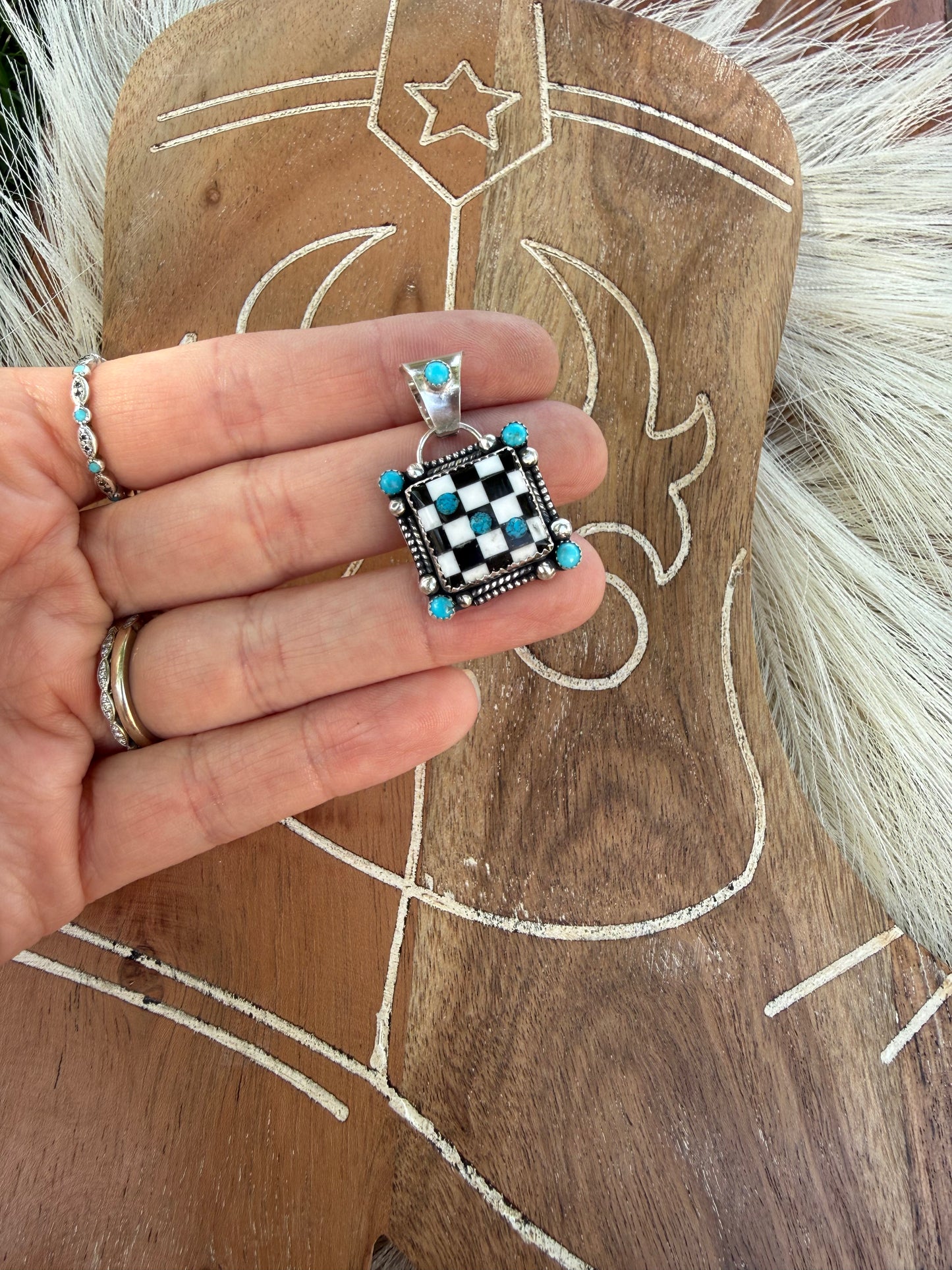 Checkered Dice with Kingman Turquoise and Turquoise Inlay Pendant