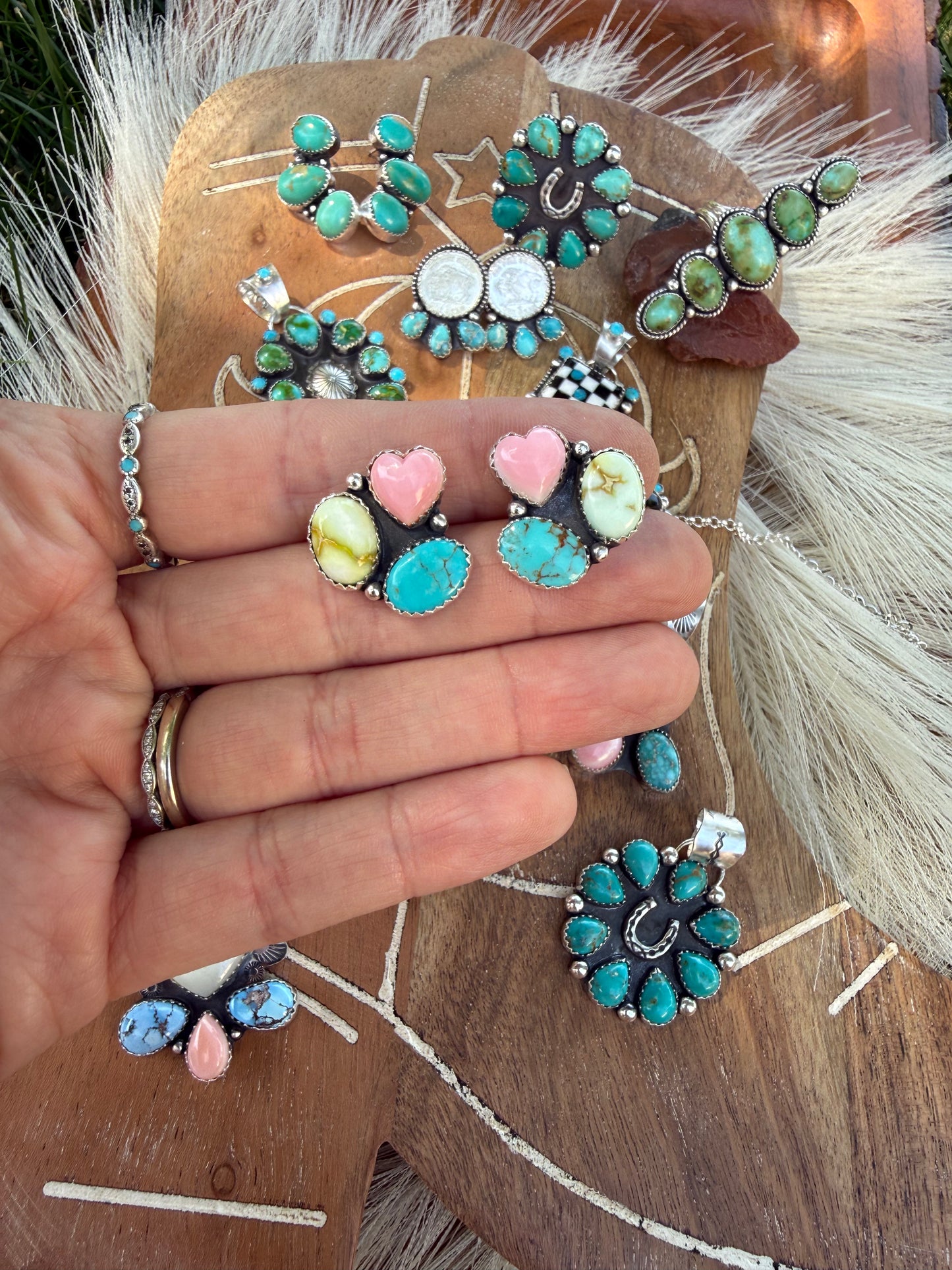Palomino, Pink Conch, Sonoran Turquoise Cluster Studs