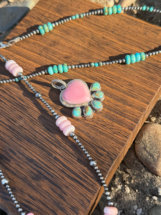 Pink Conch & Kingman Turquoise Heart Pendant